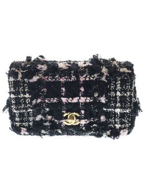 Chanel Mini Quilted Tweed Chain Shoulder Bag Black Pink White Gold